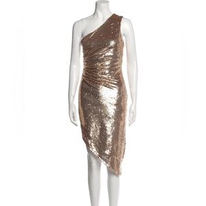 Ronny Kobo torn one shoulder gold sequin dress